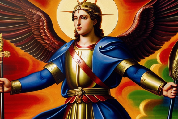 An artistic representation of Saint Michael the Archangel defeating the devil